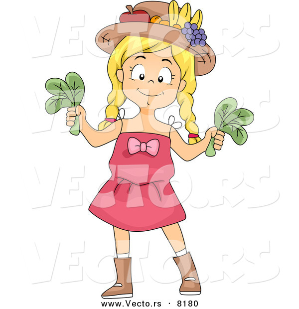 Vector of a Happy and Healthy Cartoon Girl Holding Fresh Picked Spinach Leave from Her Garden
