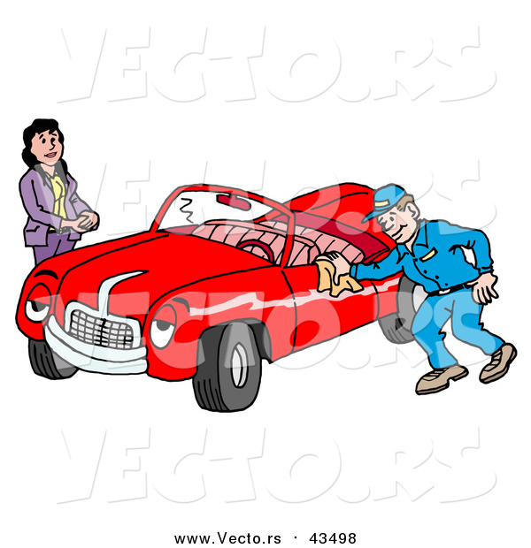 Vector of a Happy Auto Mechanic Man Smiling While Shining a Classic Red Convertible Car for a Lady