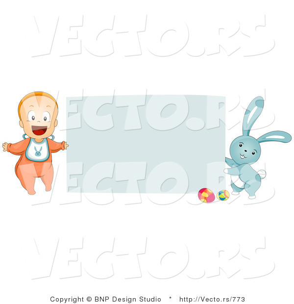 Vector of a Happy Baby with Easter Bunny Beside Blank Sign