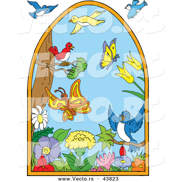 Vector of a Happy Birds and Butterflies Flying Around Flowers and Trees