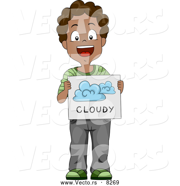 Vector of a Happy Black School Boy Showing a Cloudy Weather Flash Card