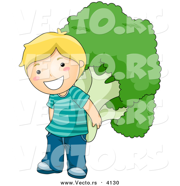 Vector of a Happy Blond Boy Carrying a Giant Broccoli Floret on His Back
