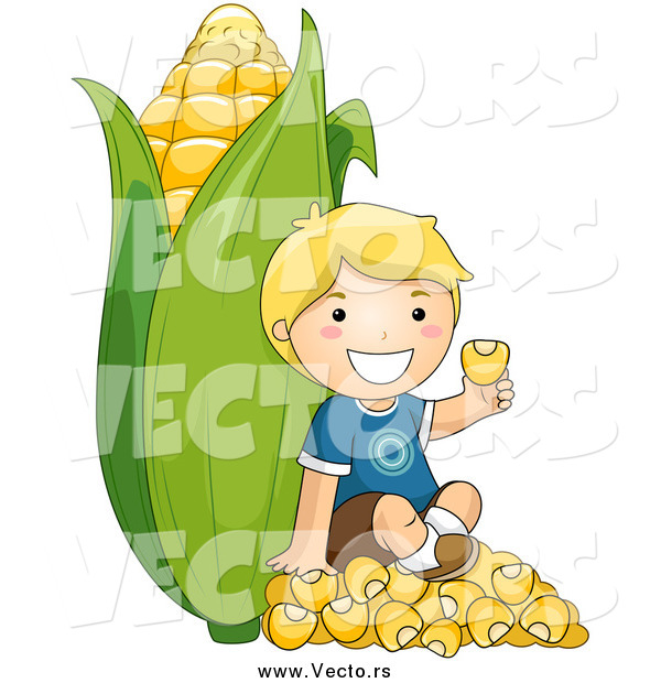 Vector of a Happy Blond Boy Sitting on Kernels Against a Giant Ear of Corn