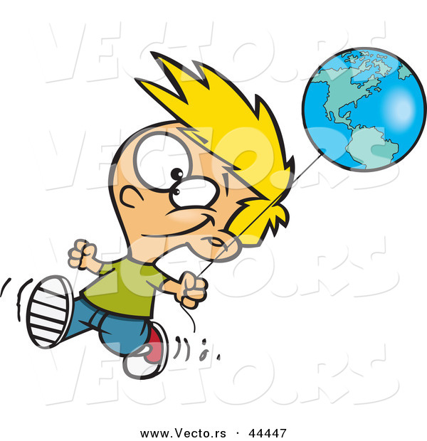 Vector of a Happy Blond Boy Walking with a Floating Earth Day Helium BalloonHappy Blond Boy Walking with a Floating Earth Day Helium Balloon