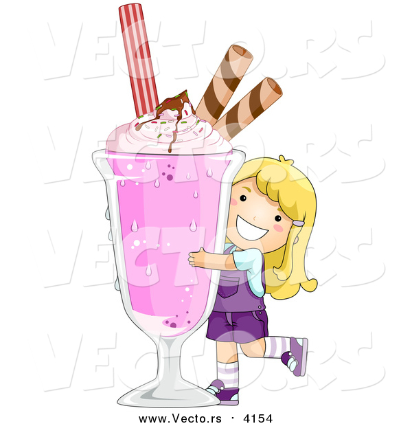 Vector of a Happy Blond Girl Hugging a Giant Strawberry Milkshake