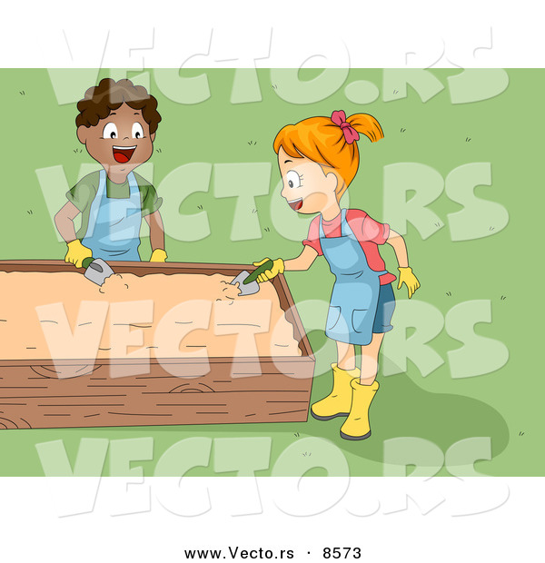 Vector of a Happy Boy and Girl Digging in Raised Garden Bed Soil