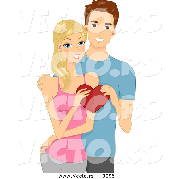 Vector of a Happy Boy and Girl Holding Love Heart Together