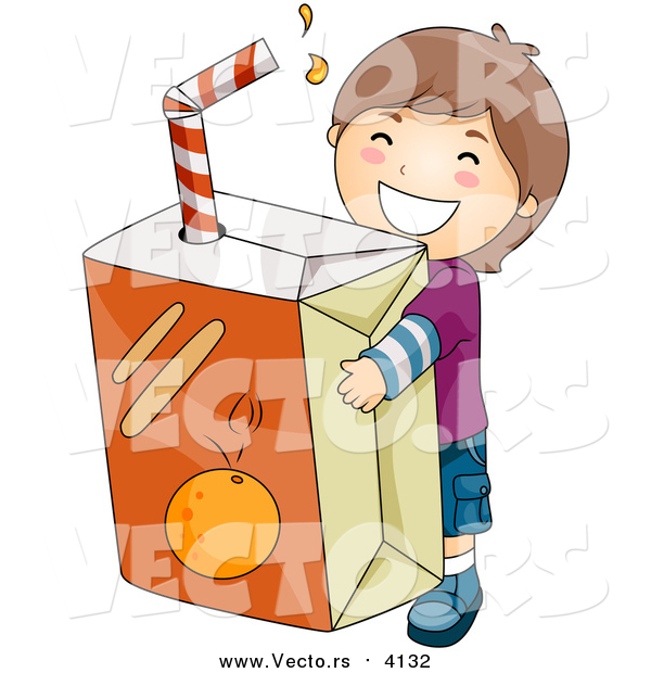 Vector of a Happy Brunette Boy Carrying a Giant Orange Juice Box