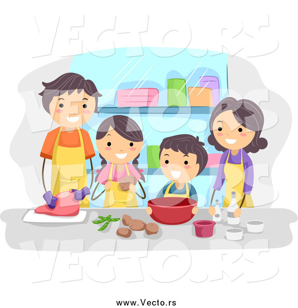 Vector of a Happy Brunette Family Cooking Together