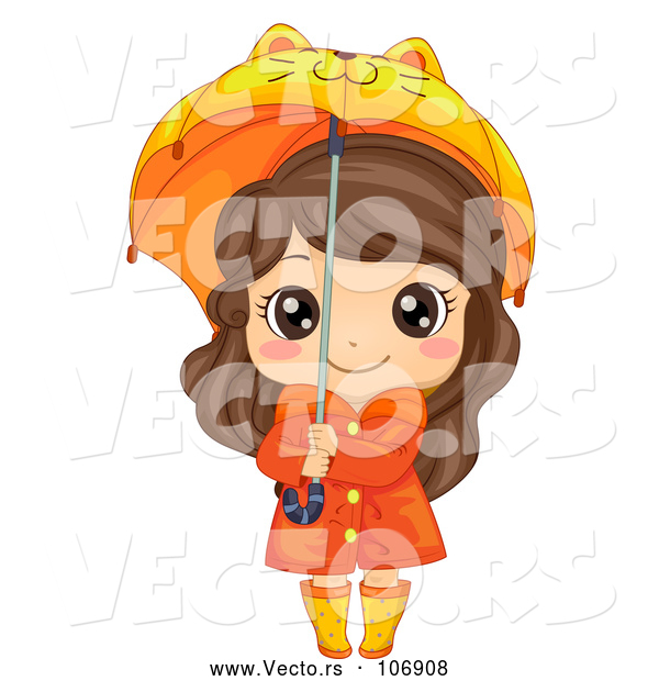 Vector of a Happy Brunette White Girl in Rain Gear, Holding a Cat Umbrella