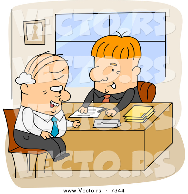 Vector of a Happy Business Men Going over Legal Documents in an Office - Cartoon Style