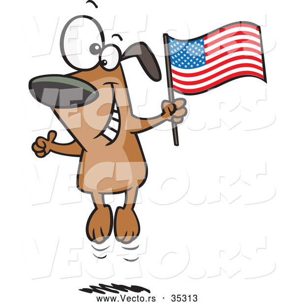 Vector of a Happy Cartoon American Dog Jumping up and down with an American Flag