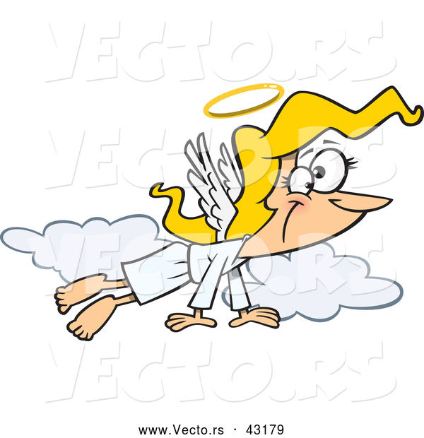 Vector of a Happy Cartoon Angel Flying in the Clouds with a Gold Halo