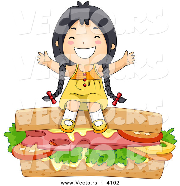 Vector of a Happy Cartoon Asian Girl Sitting on a Giant Sandwich