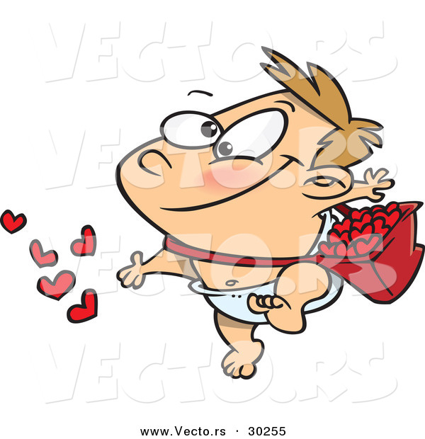 Vector of a Happy Cartoon Baby Boy Tossing Love Hearts from a Red Bucket Around His Waist