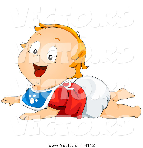 Vector of a Happy Cartoon Baby Boy Wearing a Bib While in a Crawling Position on the Floor
