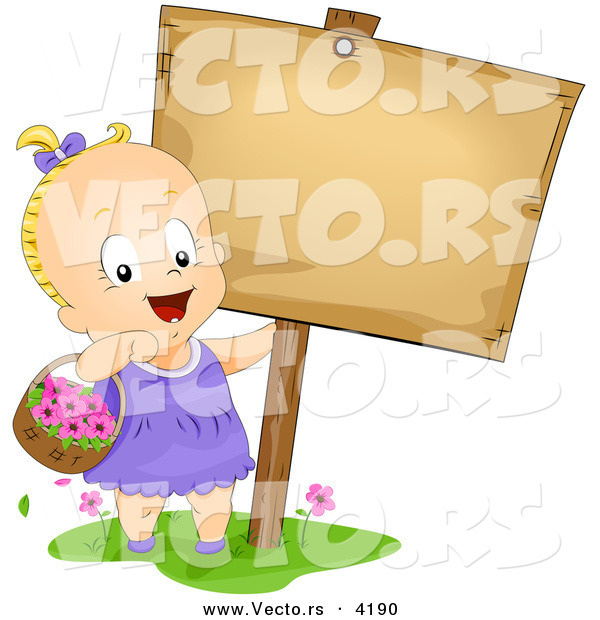 Vector of a Happy Cartoon Baby Girl Carrying a Basket with Flowers Beside a Blank Sign