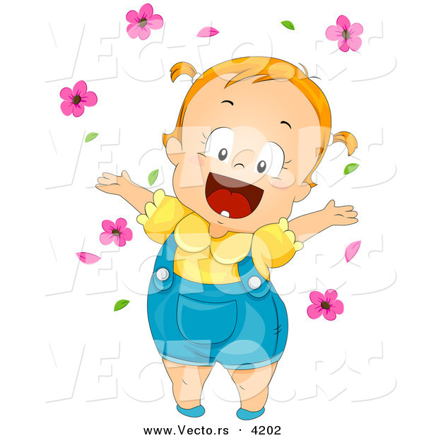 Vector of a Happy Cartoon Baby Girl Playing with Pink Flowers