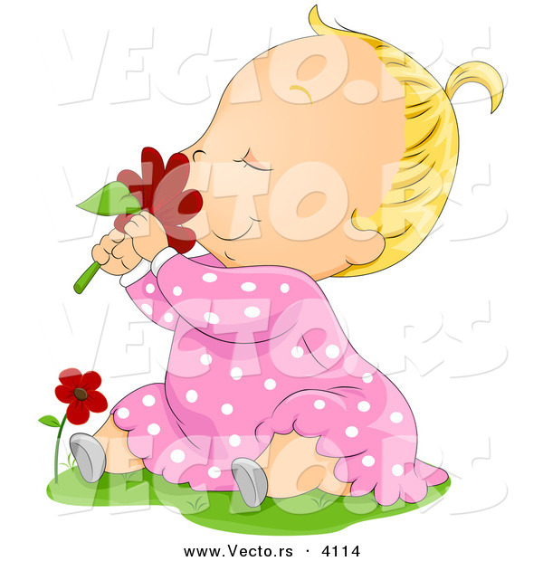 Vector of a Happy Cartoon Baby Girl Smelling a Red Daisy Flower While Seated on Grass