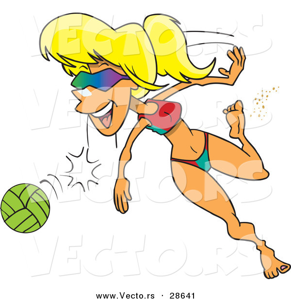 Vector of a Happy Cartoon Beach Girl Playing Volleyball