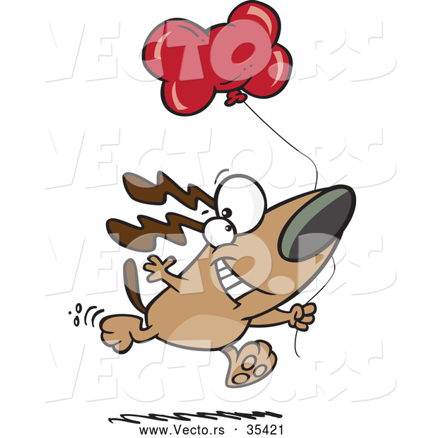 Vector of a Happy Cartoon Birthday Dog Running with a Red Dog Bone Shaped Balloon