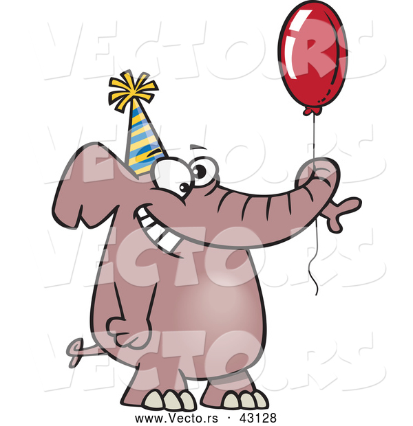 Vector of a Happy Cartoon Birthday Elephant with a Red Balloon