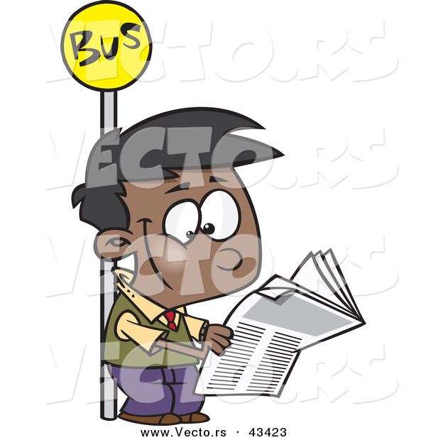 Vector of a Happy Cartoon Black Boy Reading a Newspaper While Waiting at a Bus Stop