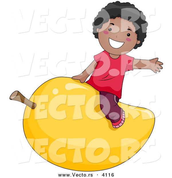 Vector of a Happy Cartoon Black Boy Riding a Giant Mango Fruit