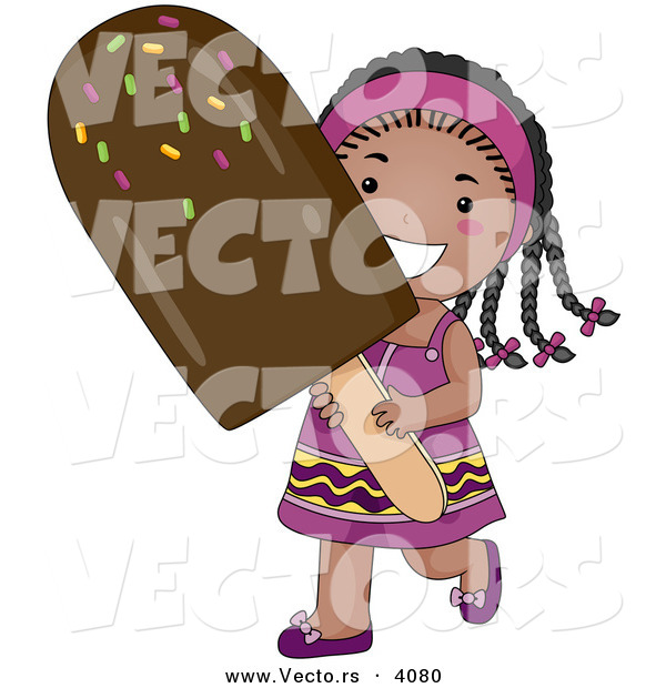 Vector of a Happy Cartoon Black Girl Carrying Big Chocolate Popsicle