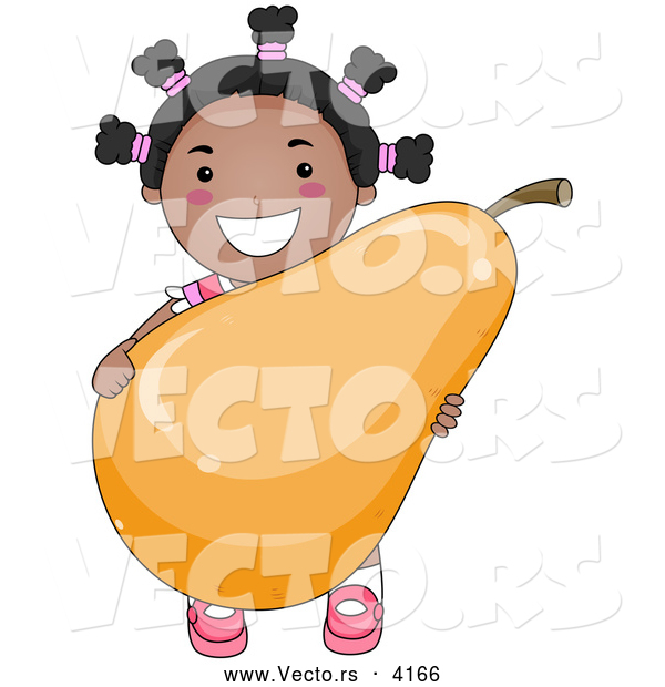 Vector of a Happy Cartoon Black Girl Holding a Big Pear While Smiling