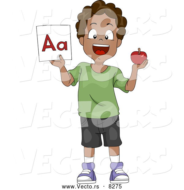 Vector of a Happy Cartoon Black School Boy Holding a Red Apple and the "Aa" Letter Flash Card