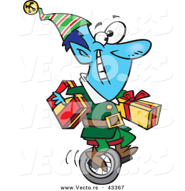 Vector of a Happy Cartoon Blue Christmas Elf Transporting Wrapped Presents on a Unicycle