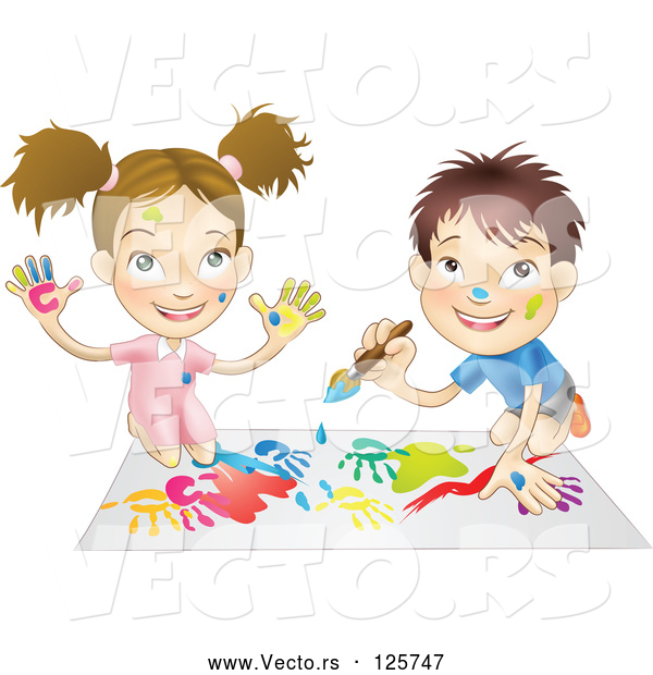 Vector of a Happy Cartoon Boy and Girl Hand Painting and Painting Together