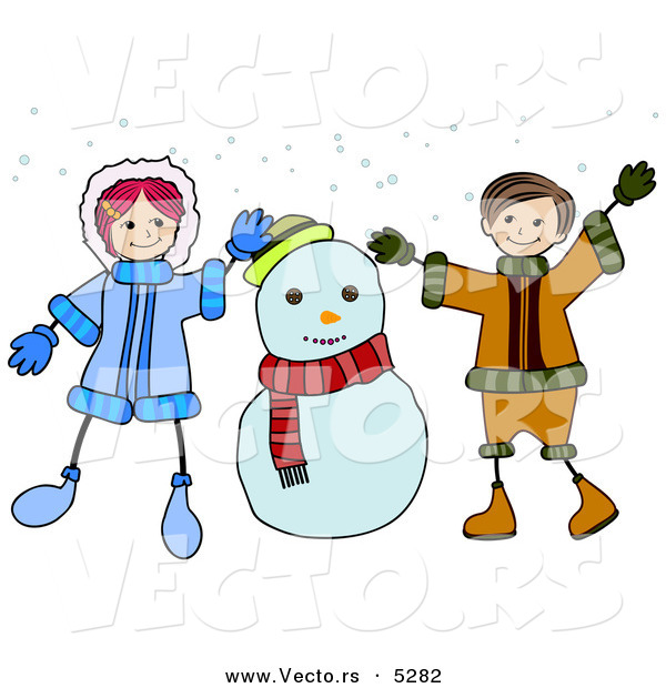 Vector of a Happy Cartoon Boy and Girl Playing Beside a Snowman