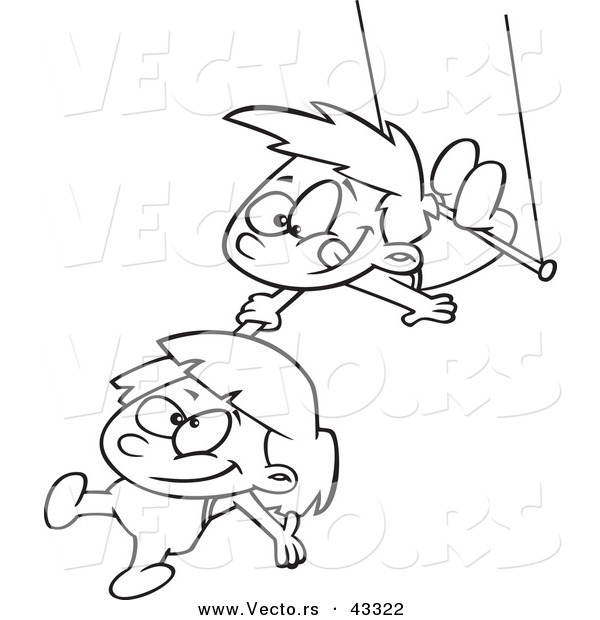 Vector of a Happy Cartoon Boy and Girl Playing on a Trapeze - Coloring Page Outline