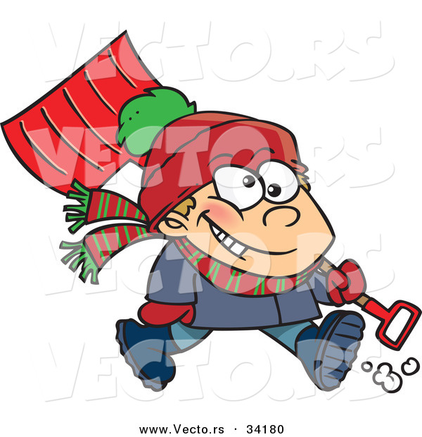 Vector of a Happy Cartoon Boy Carrying a Snow Shovel