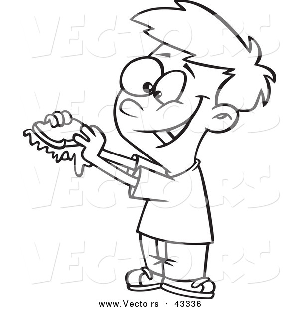 Vector of a Happy Cartoon Boy Eating a Messy Jam Sandwich - Coloring Page Outline