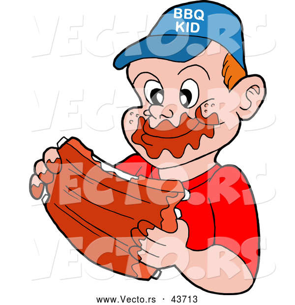 Vector of a Happy Cartoon Boy Eating Tasty BBQ Ribs