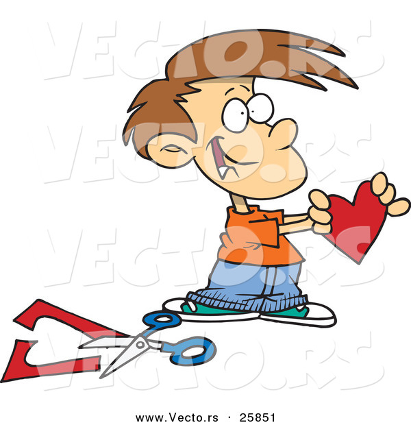 Vector of a Happy Cartoon Boy Holding a Paper Love Heart Beside Scissors