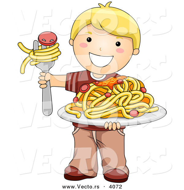 Vector of a Happy Cartoon Boy Holding a Plate of Spaghetti with Meatballs