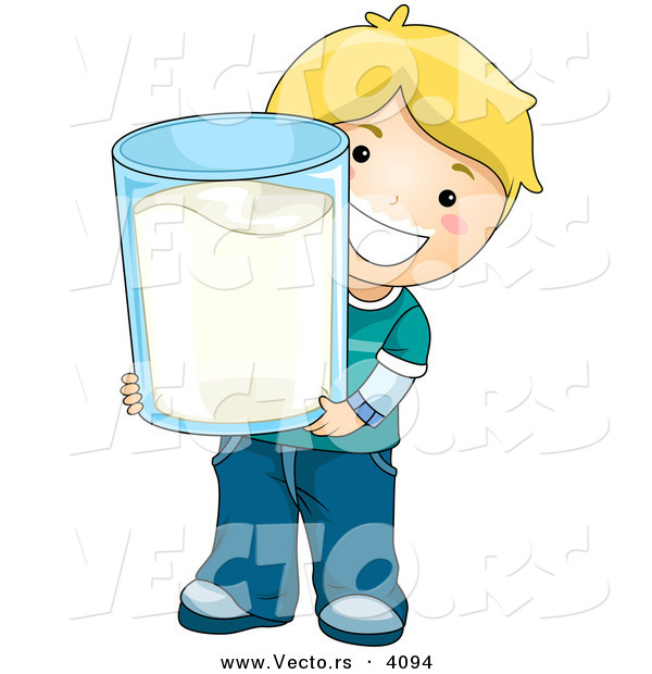 Vector of a Happy Cartoon Boy Holding Big Glass of Milk