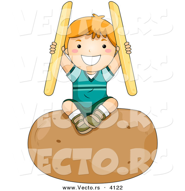 Vector of a Happy Cartoon Boy Holding French Fries While Sitting on a Big Potato - Coloring Page Outline