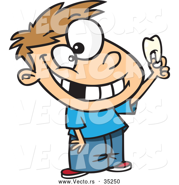 Vector of a Happy Cartoon Boy Holding His Tooth