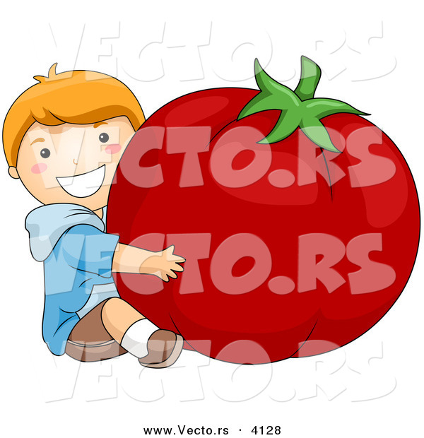 Vector of a Happy Cartoon Boy Hugging a Big Tomato - Coloring Page Outline