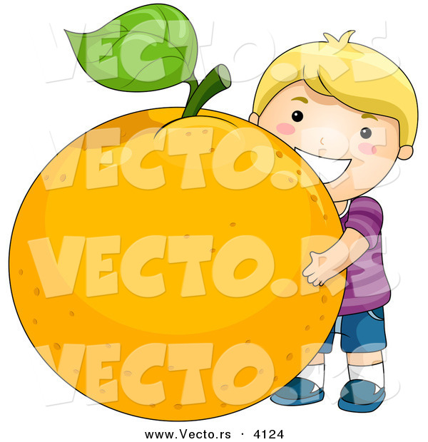 Vector of a Happy Cartoon Boy Hugging a Huge Orange - Coloring Page Outline