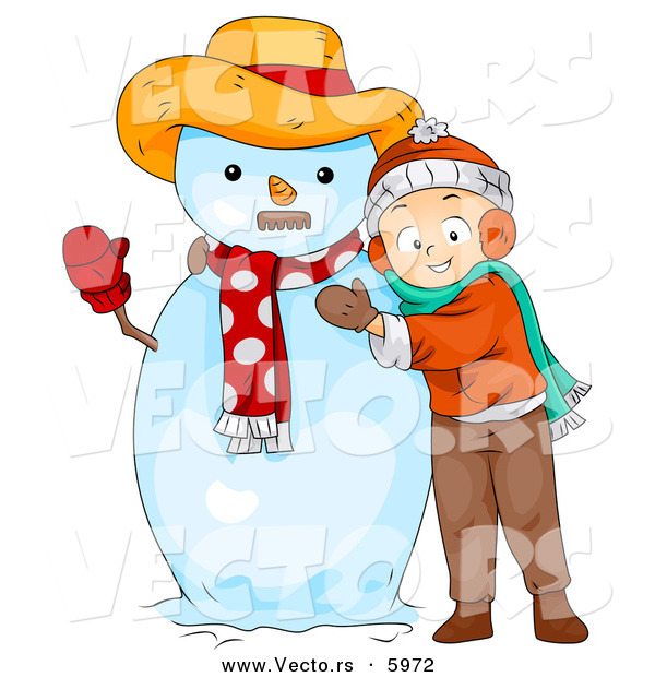 Vector of a Happy Cartoon Boy Hugging a Snowman