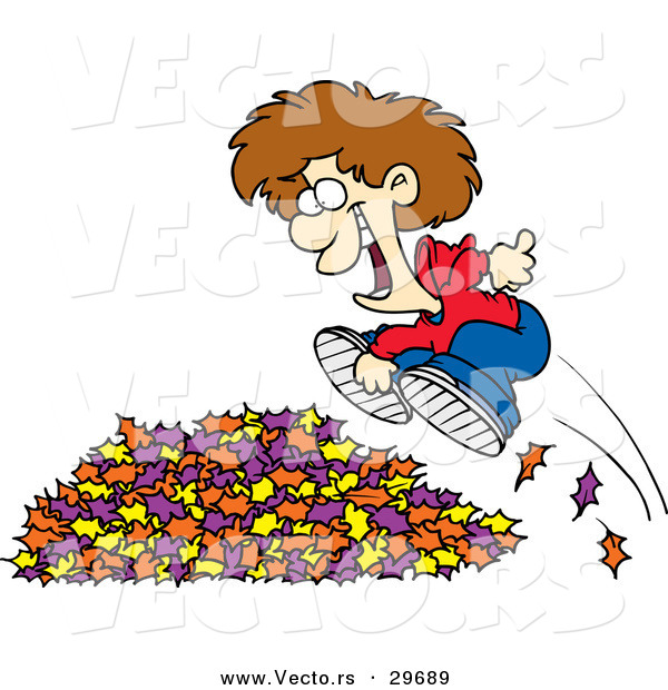 Vector of a Happy Cartoon Boy Jumping in to a Pile of Autumn Leaves