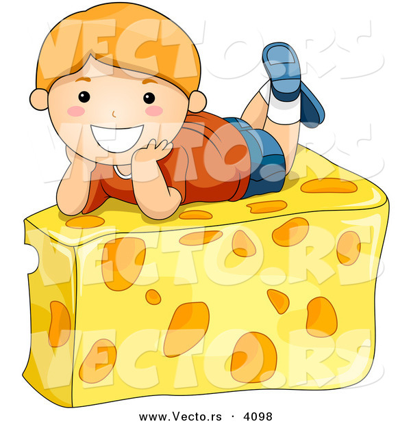 Vector of a Happy Cartoon Boy Laying on Cheese Wedge