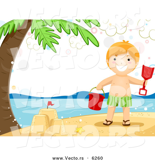 Vector of a Happy Cartoon Boy Making a Beach Sand Castle