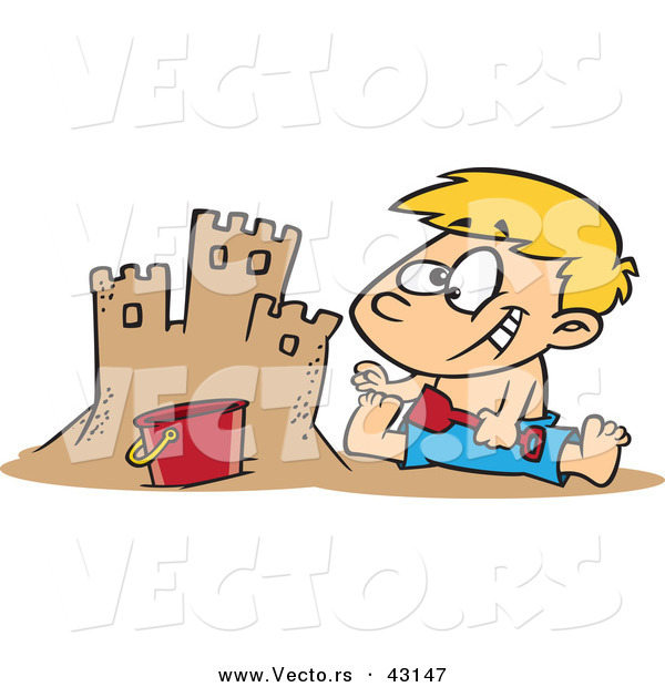 Vector of a Happy Cartoon Boy Making a Sand Castle at the Beach